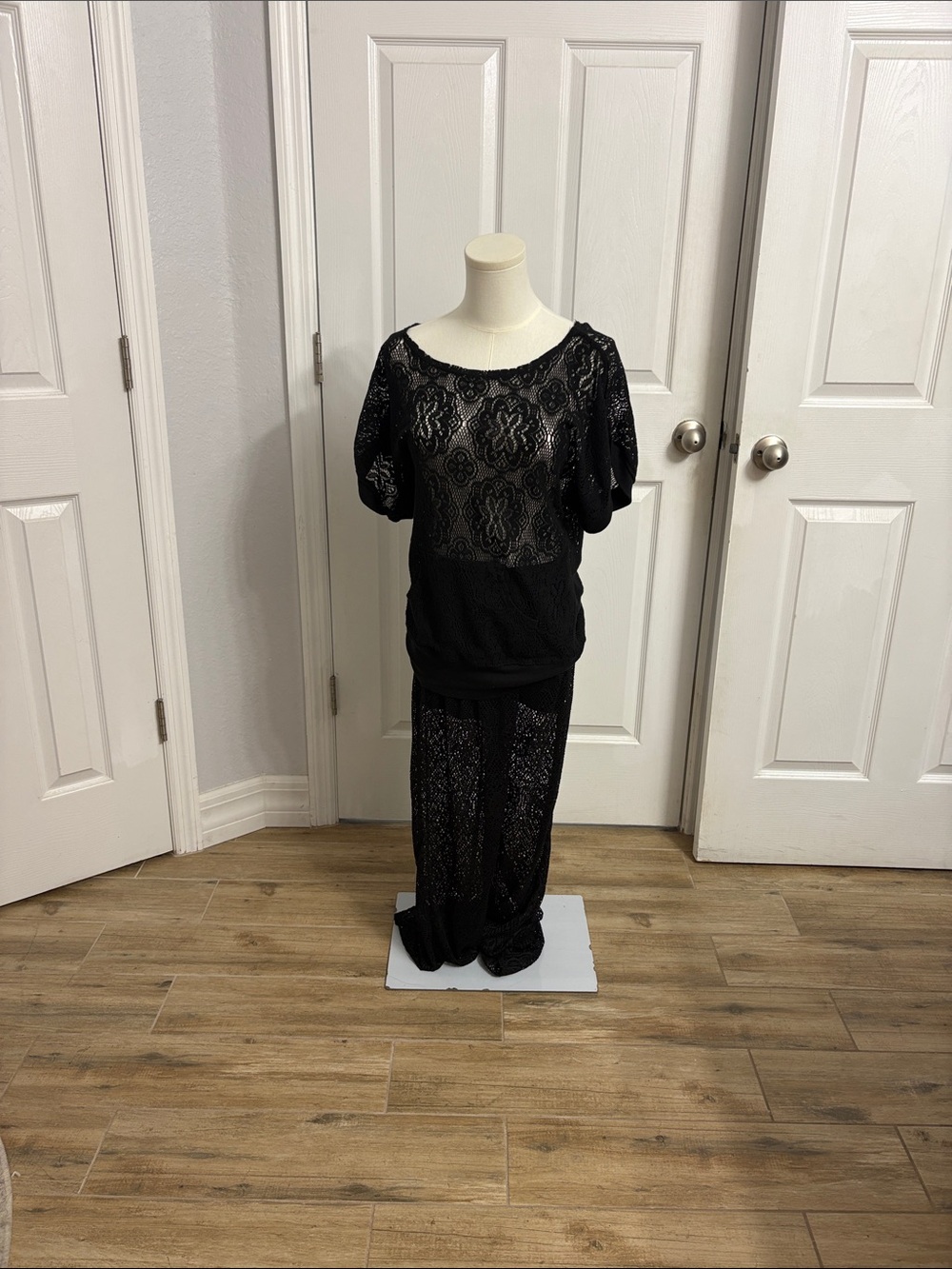 Black Lace 2 piece Pants and Shirt with Sheer Overlay - Women's